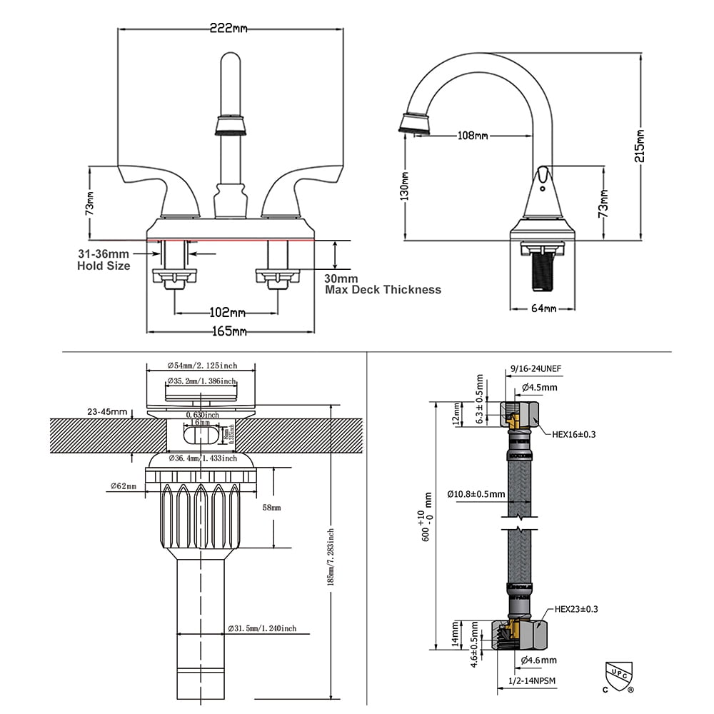 PARLOS Two-Handle Bathroom Sink Faucet with Metal Drain Assembly and Supply Hose, Matte Black
