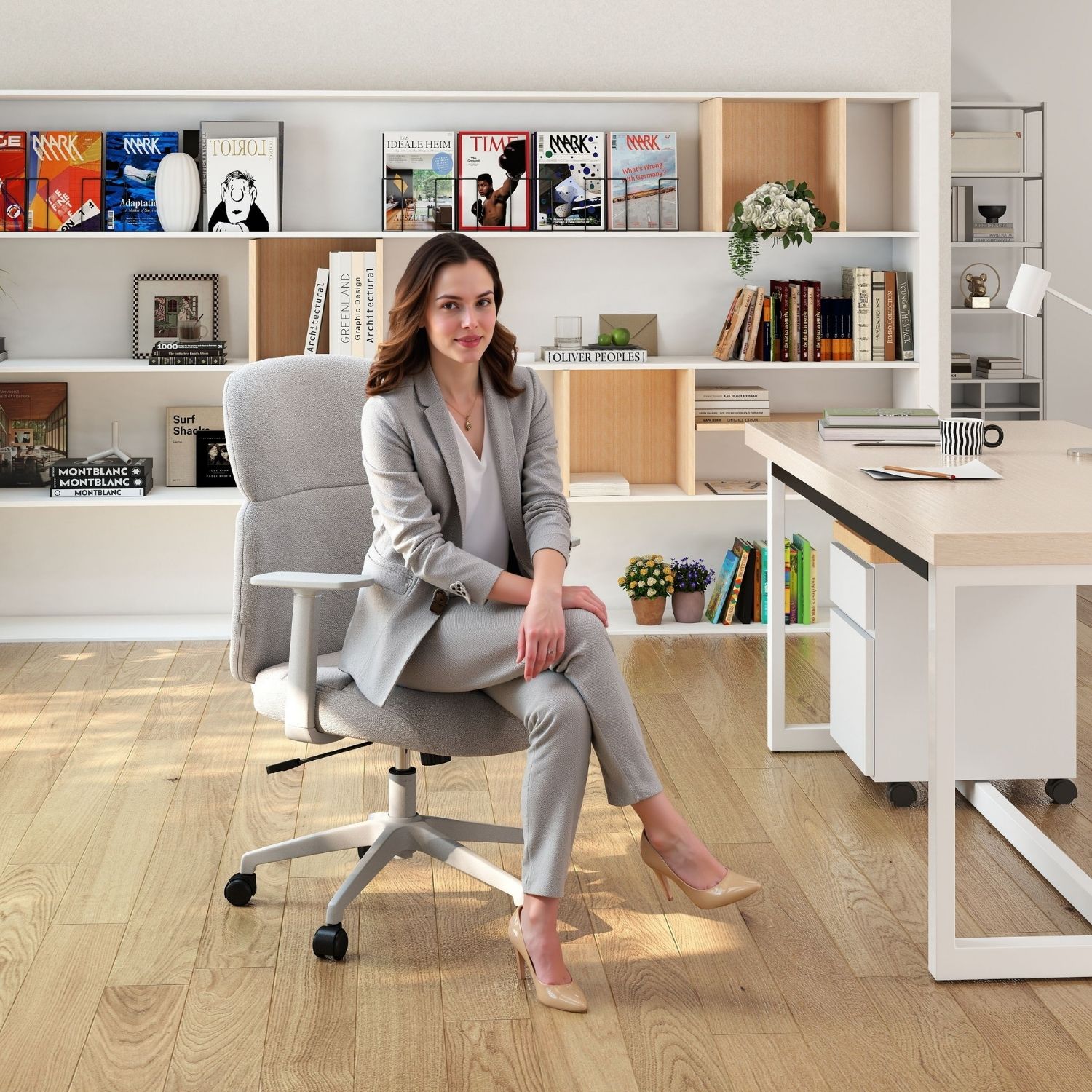 Dayalane Modern Adjustable Office Chair, Swivel Fabric Ergonomic Task Chair with Armrests, 90-120° Tilt Function and Wide Cushion Desk Chair for Home/Bedroom/Study/Office/Conference Room, Beige