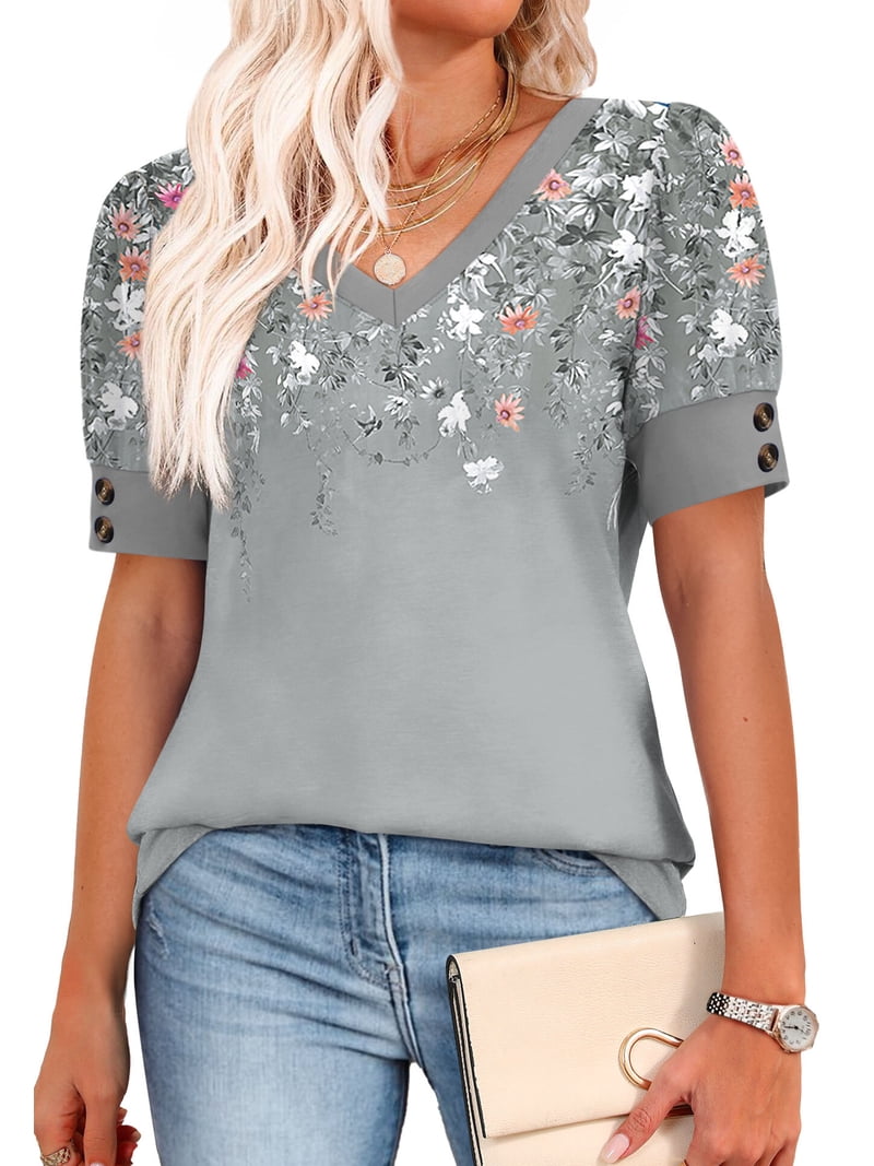 WIHOLL Womens Tops Vneck Puff Sleeve Buttons Summer Ladies Shirts Plus ...