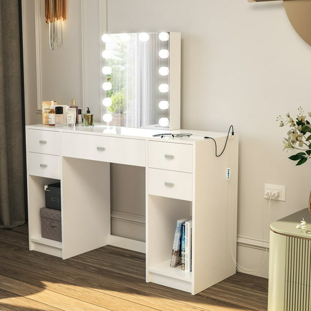 Ember Interiors Candace Modern Painted Vanity Table, USB Port, Lights ...