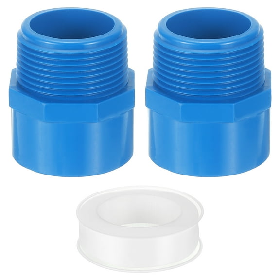 Male Adapter Pipe Fitting, 2Pcs 40mm(1-1/2") 2-Way Pipe Connectors with Sealant Tape (Socket x Male Pipe Thread), Hose Adapter Coupling for Plumbing Water Line (Blue)