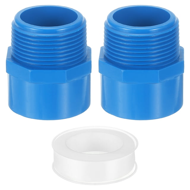 Adaptador de tubería macho, 2 piezas de 40 mm (1-1/2") conectores de 2 vías con cinta selladora, acoplamiento de manguera para plomería (azul)