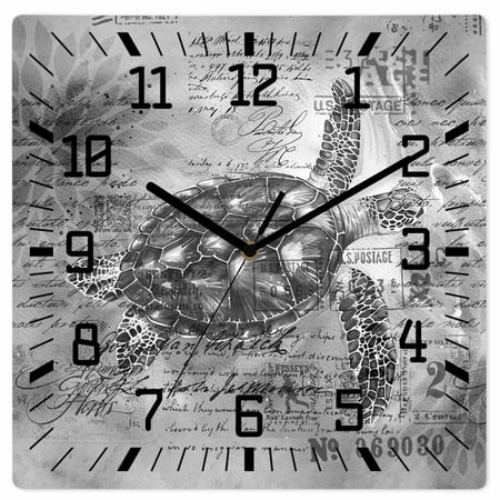 Grey Sea Turtle Wooden Wall Clock Silent Non Ticking, Coastal Nautical Summer Beach Vintage Square Wall Clocks Battery Operated, Decor Clock for Home Office, Living Room, Kitchen, 12 Inch