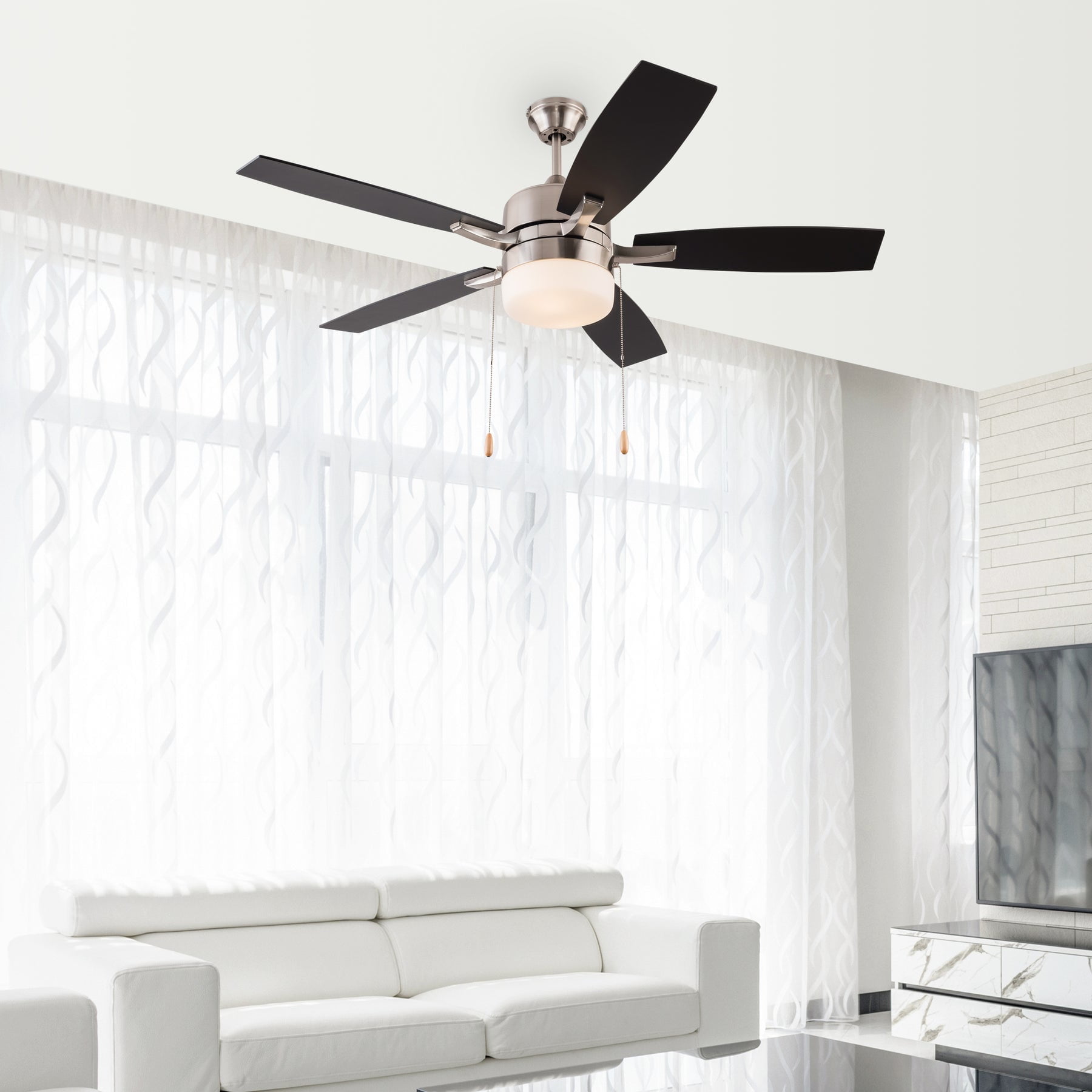 Ceiling Fans with Lights, Pull Chain Control, Reversible AC Motor, Walnut/Black Reversible Blades, Flush Mount and Downrod Mount, Traditional Ceiling Fan for Bedroom Living Room(52-Inch)