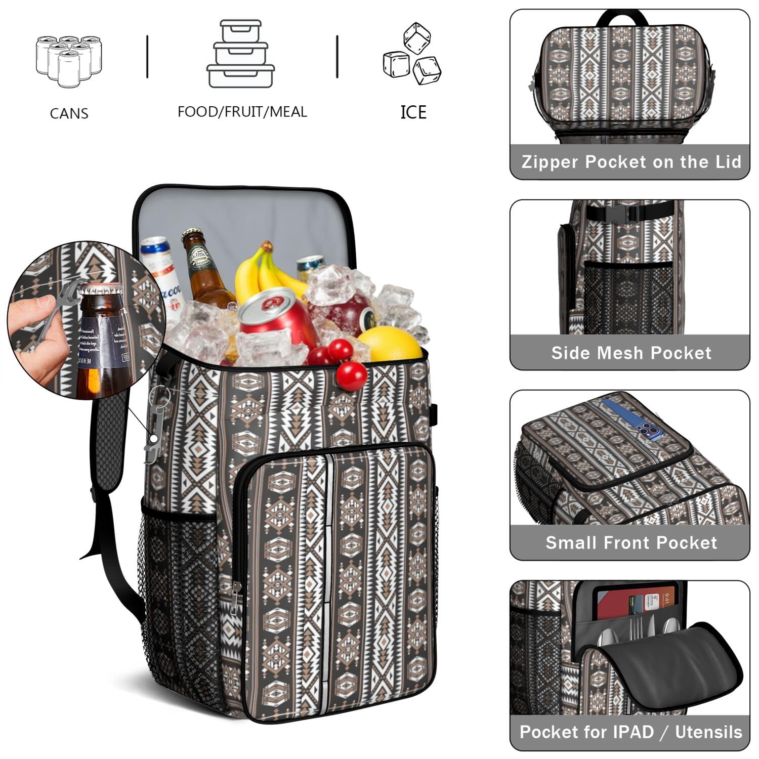 Travel Cooler Bag - Boho Bohemia Pioneer Flower Geometric Line Art Camping Beer Cooler Backpack with Bottle Opener- Waterproof Insulated Picnic Backpacks - Cooler Bag for Beach