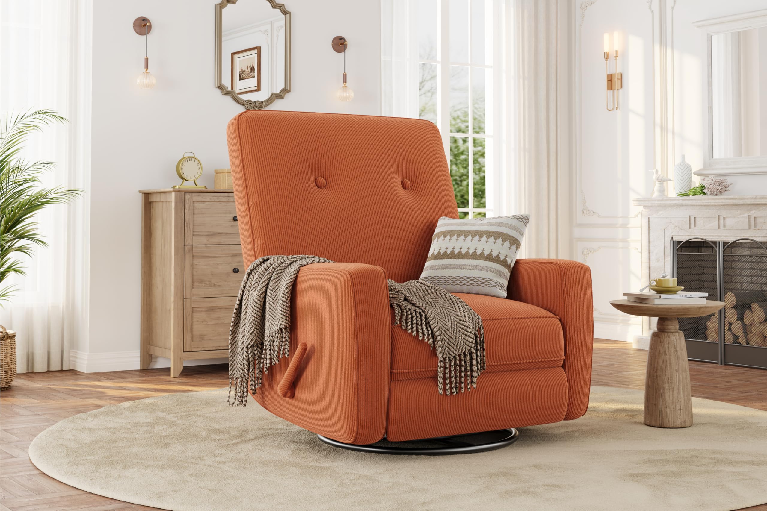 Modern Swivel Glider Recliner for Nursery & Small Spaces 360° Rocking Chair with Adjustable Lumbar Support & Footrest | Corduroy Upholstery for Apartment Living Room & Bedroom