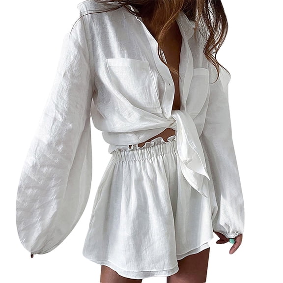 Two Piece Sets for Women Long Sleeve Button Down Lapel Shorts Vacation Outfits,White,3XL