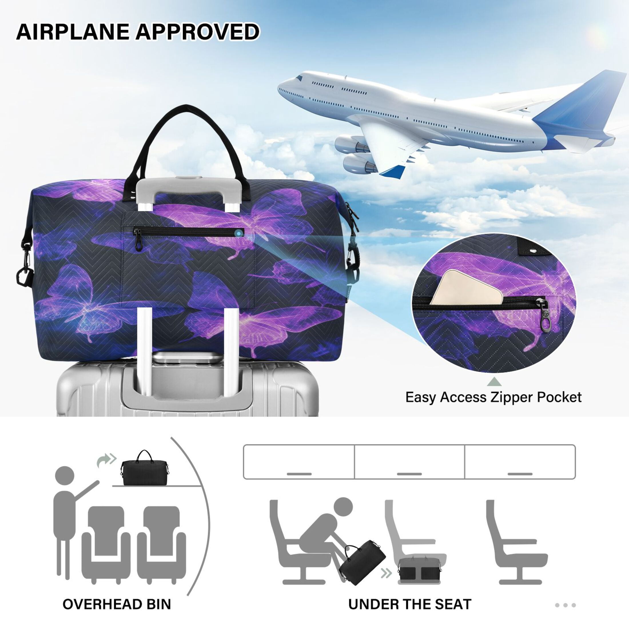 Travel Duffel Luggage Bag Sports Duffle Bag Gym Bag with Zipper Purple Glowing Butterflies