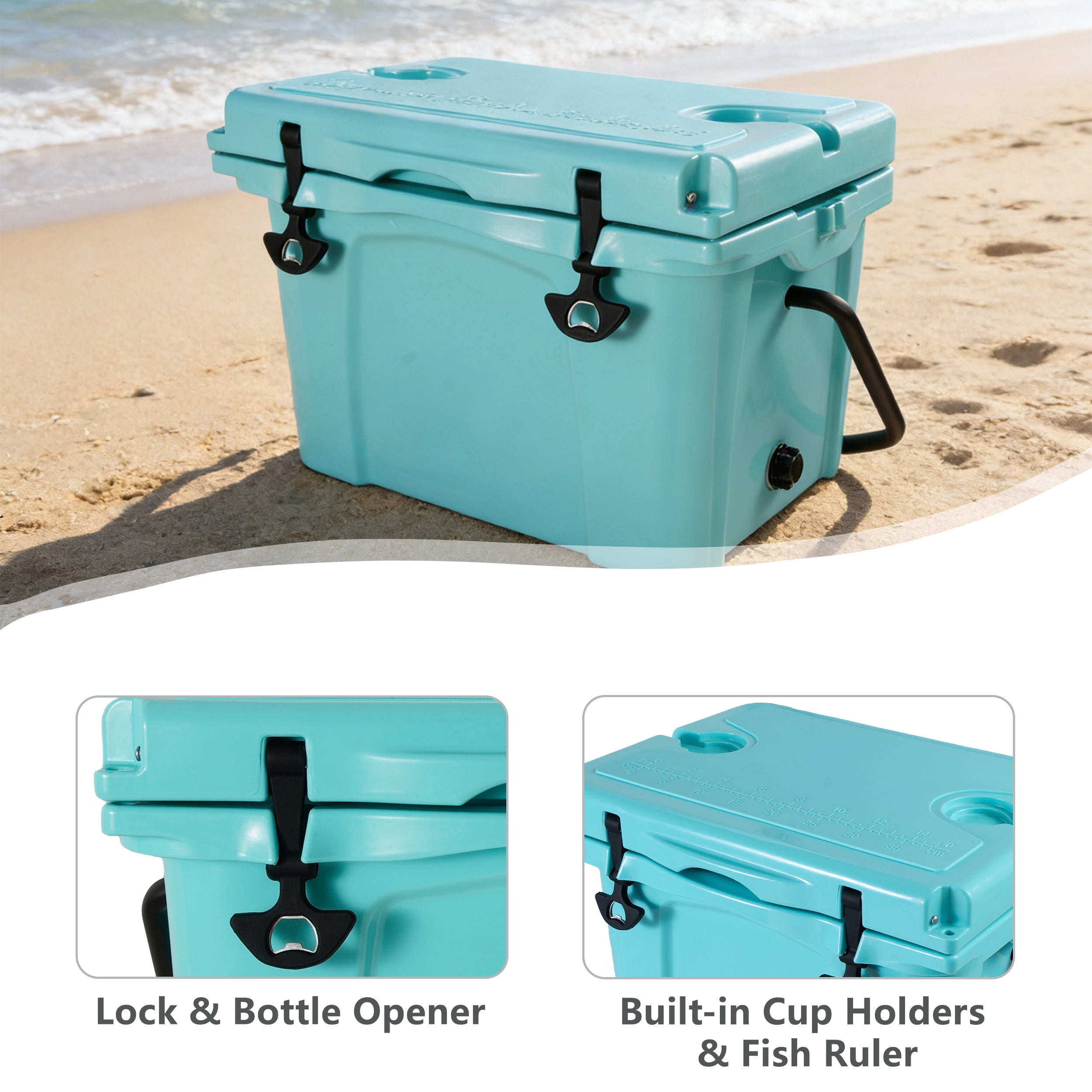 Pawverly 25QT Insulated Portable Cooler Box, Hard Ice Chest with Bottle Opener & Cup Holder, Leakproof Cooler for Camping, Fishing, Beach, Travel, Outdoor Use Turquoise