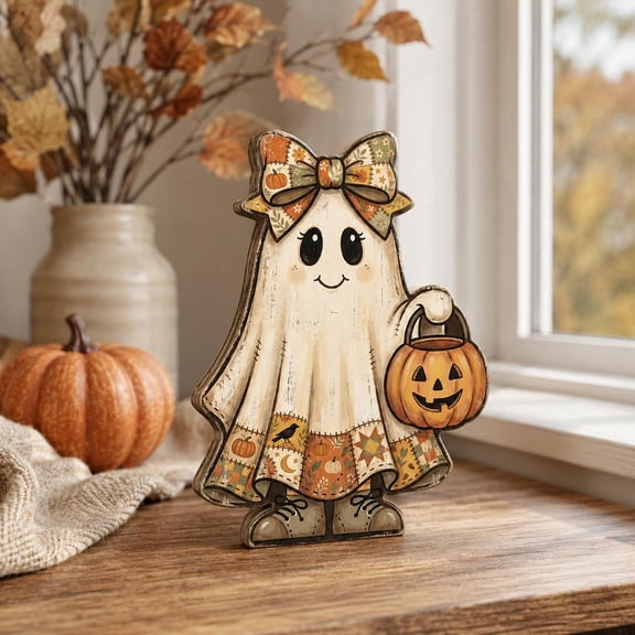 Cute Halloween Wooden Block Ghost Decoration with Bow and Pumpkin, Fall Seasonal Home Decor, Friendly Spooky Fun Ornament
