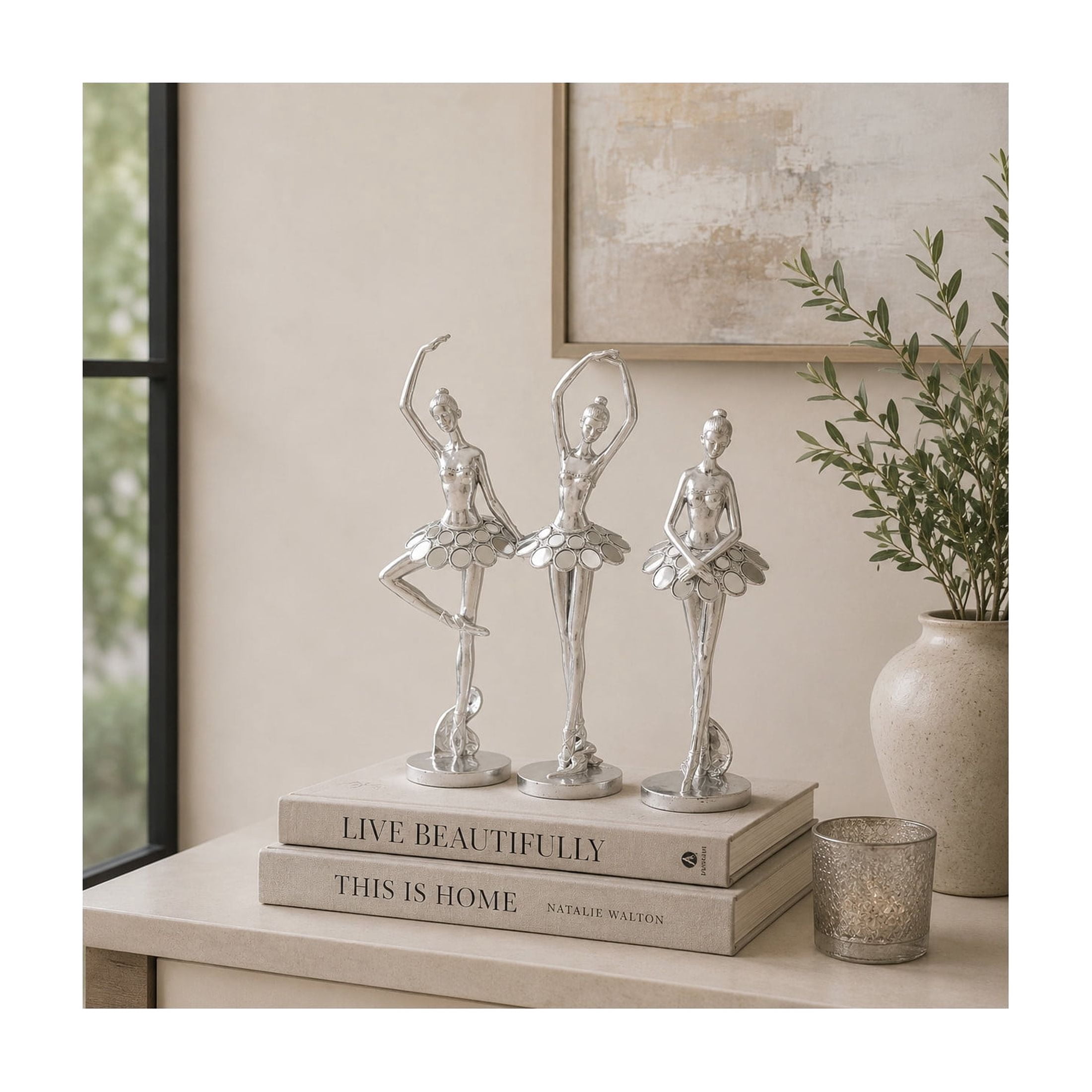 5"W, 14"H Silver Polystone Dancer Sculpture with Mirror Accents, by DecMode (3 Count)