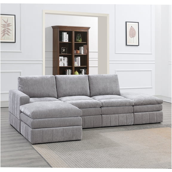 JERFIT Modern 5-Piece Modular Sectional Sofa Set with Ottomans, Plush Pillow Top, Grey Fabric, for Living Room