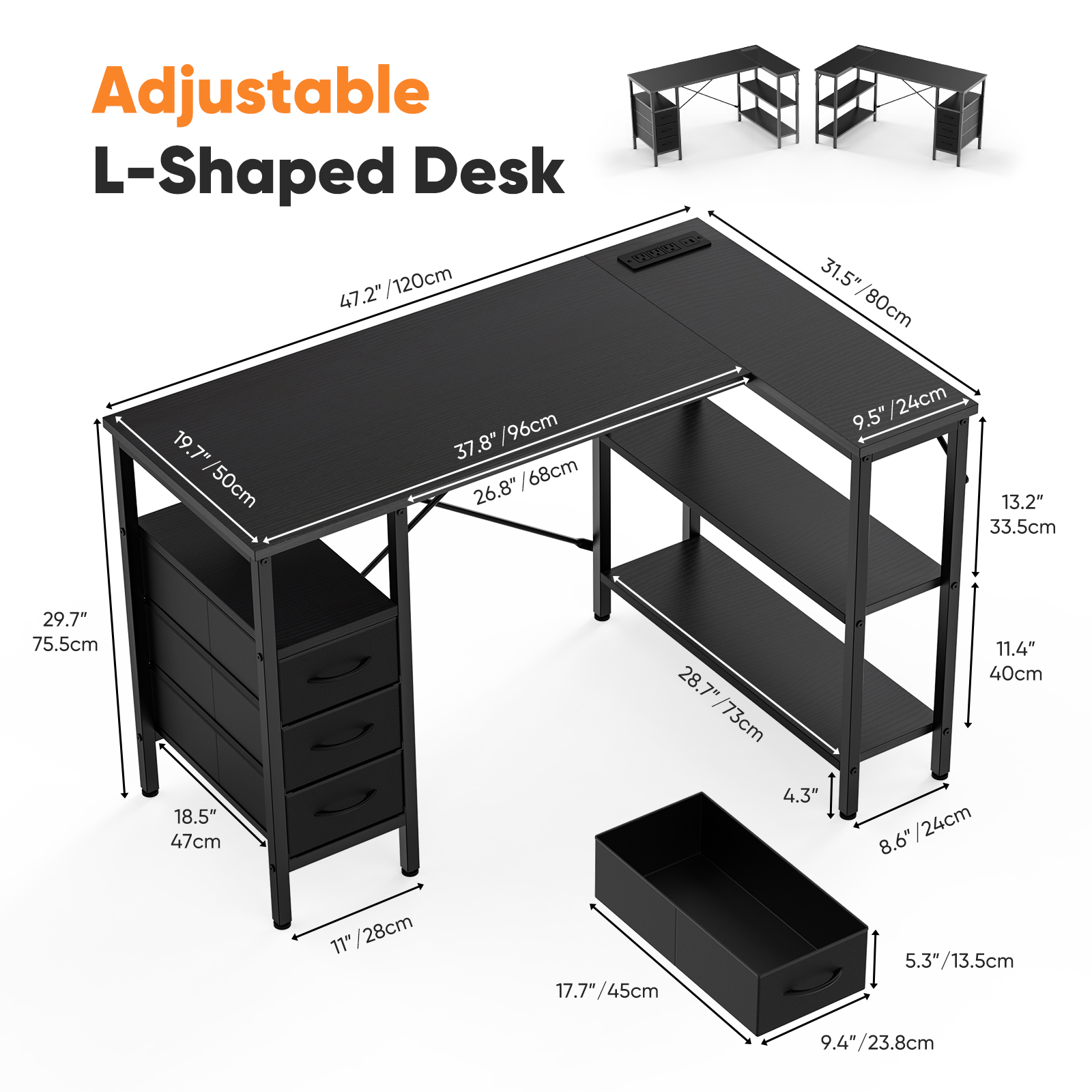 Gianna Modern L-Shaped Office Desk with Power Outlets, 47-Inch Computer Desk with 3 Drawers and Shelves for Home Office, Study, or Gaming, Black