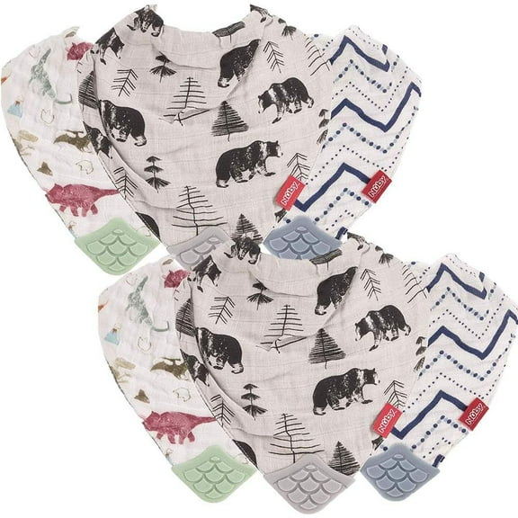Nuby 100% Natural Cotton Dinosaur, Bear & Stripes Muslin Teething Bibs, 6 Pieces