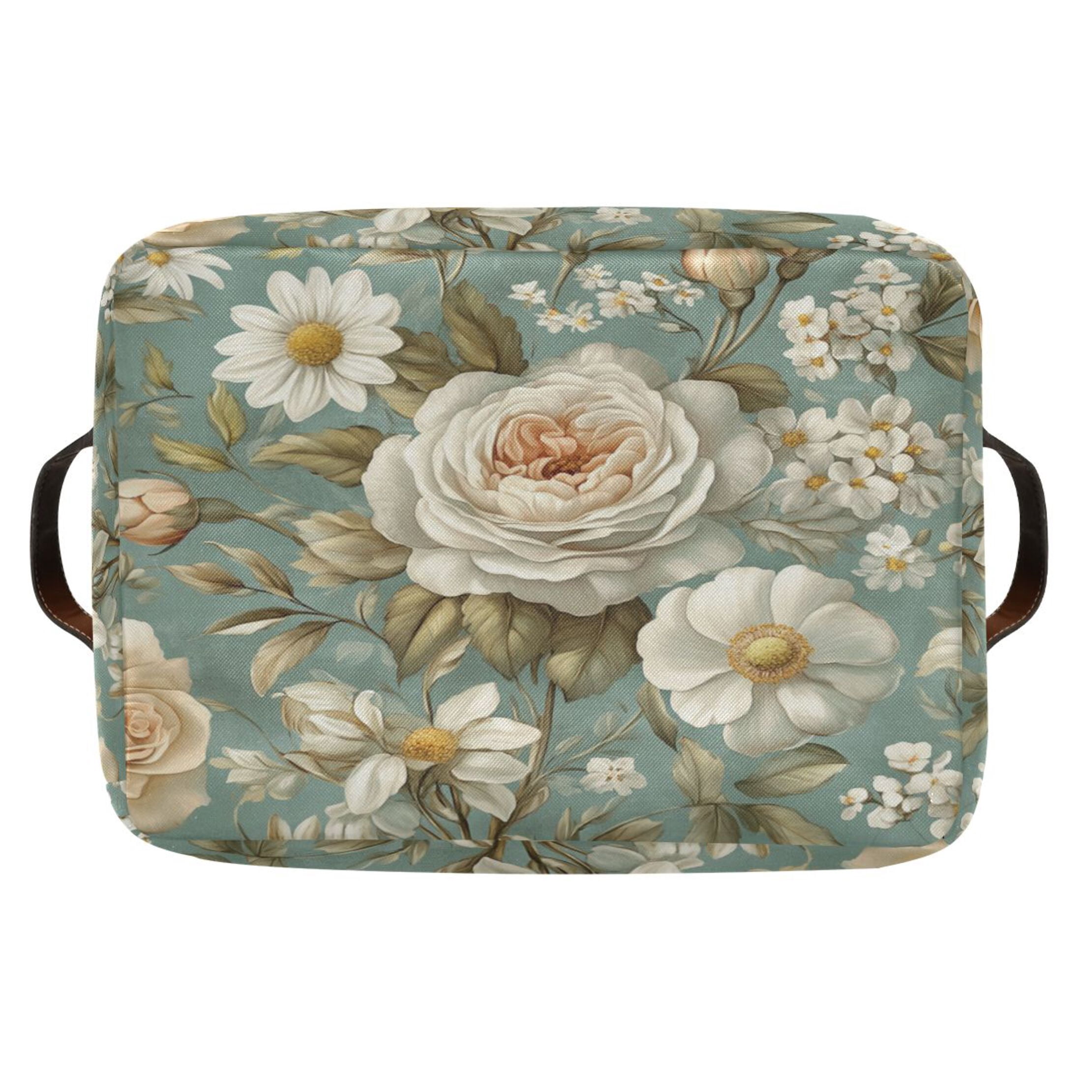 Vintage Floral Pattern Foldable Storage Basket,Canvas Fabric Foldable Storage Bins with Handles Open Home Storage Bins Boxes for Toy Book Shelf Closet Baskets