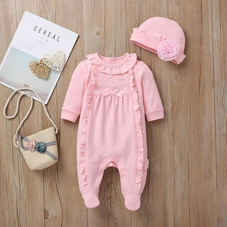 

Promotion!3 Colors Autumn Newborn Baby Girls Clothes 0-9M Ruffle Design Long Sleeve Jumpsuit With Hat New