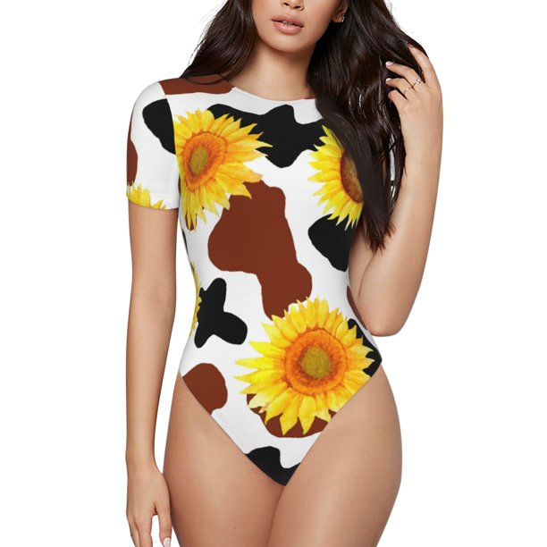 Fotbe Sunflower Cow Body de Mujer con Cuello Redondo y Mangas Cortas, Sin Mangas Ajustado, Suave, Cómodo y Básico-XX-Large