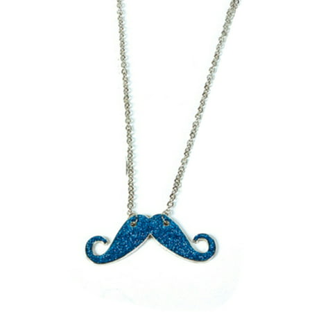 Blue Silver Hipster Trendy Costume Moustache Shiny Sparkle Necklace