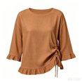 thumbnail image 6 of thefmos Women's Fall 3/4 Sleeve Ruffle Blouses Round Neck Drawstring Ruched Tops Casual Boho Pullover Shirts Solid Fashion Clothes for Vacation, Khaki S, 6 of 6