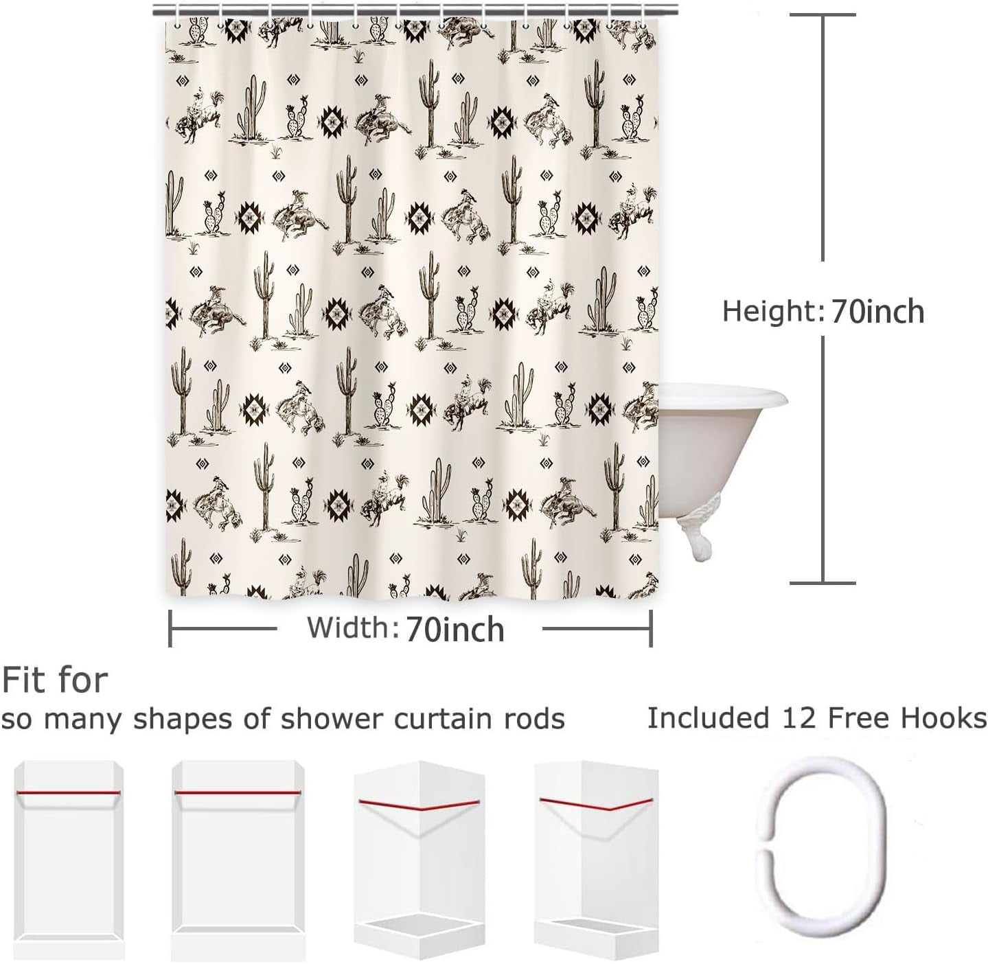Western Cowboy Shower Curtain with Cactus Landscape, American Wild West Cowboy on Horse in Desert Bath Curtain Aztec Southwestern Theme Bathroom Decor Set with Hooks 70X70in