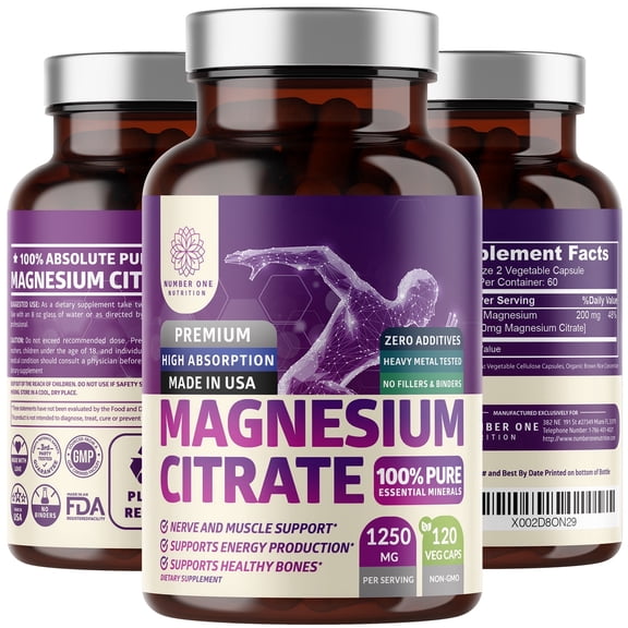 N1N Pure Magnesium Citrate Capsules 1250mg, Easily Absorbed and Purified Trace Mineral for Muscle and Digestive Support, 120 Caps