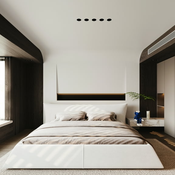 Stylish King Platform Bed With Oversized Velvet Headboard & Solid Wood In Cream Extra Cushioned Headboard, Robust Metal