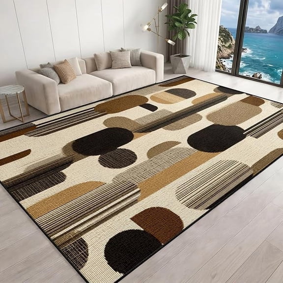 Mid-Century Modern Area Rug, Brown Beige Geometric Rugs for Living Room, Bohemian Abstract Area Rug Washable Low-Pile Rug for Bedroom Office 4 x 6ft