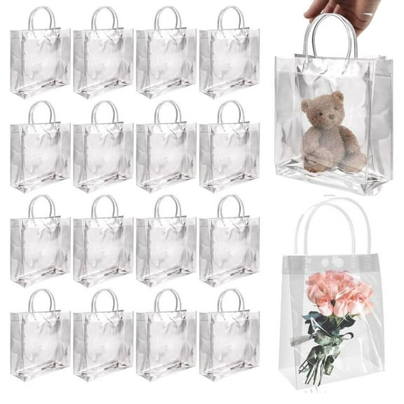 Gift Bags Clear with Handle Reusable Plastic Bags Small Gift Candy Bags for Birthday Christmas Party 7.9" x 7.9" x 3.2" 16 Pcs