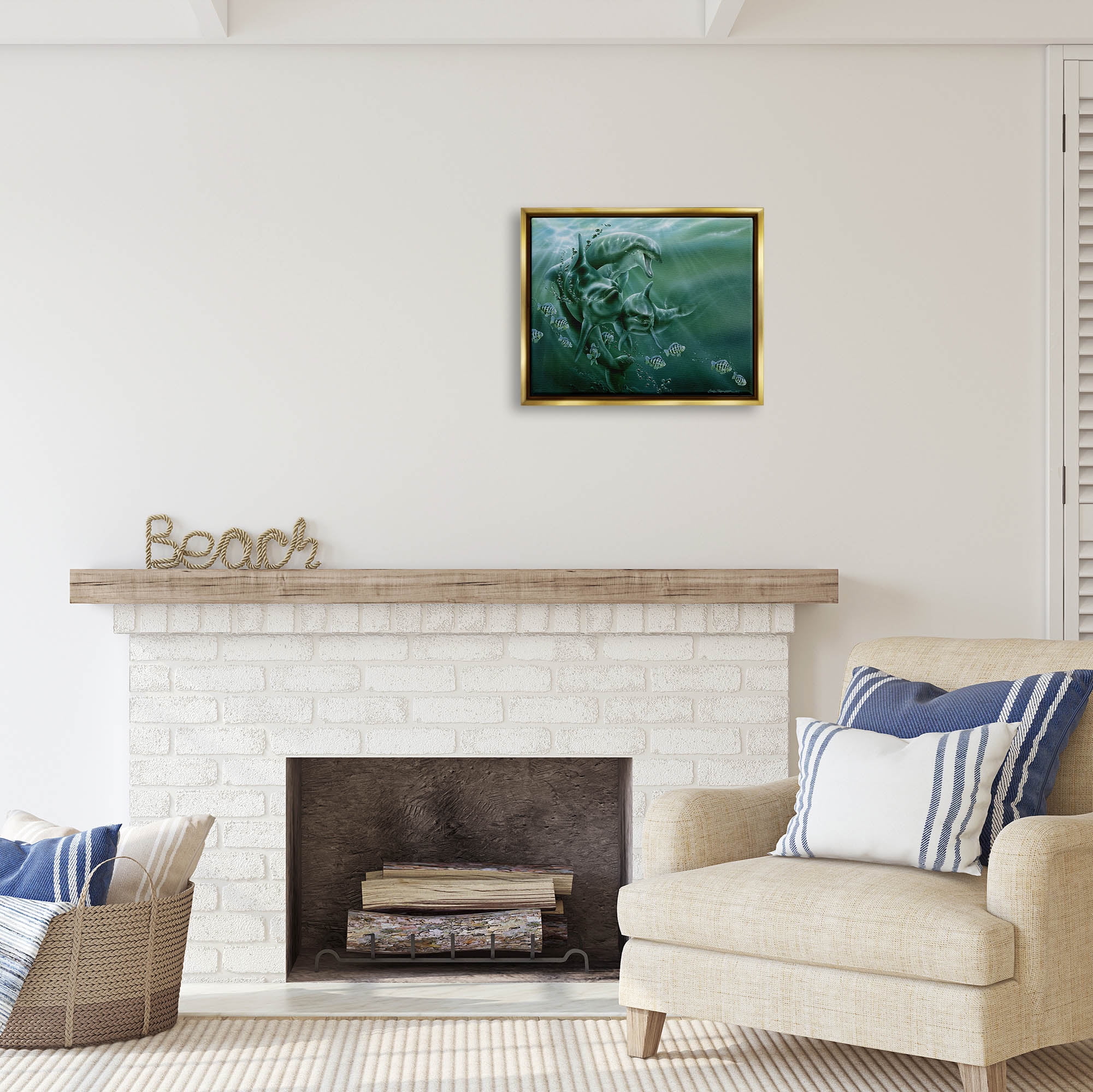 Stupell Industries Underwater Dolphins and Fish Coastal Painting Gold Floater Framed Art Print Wall Art