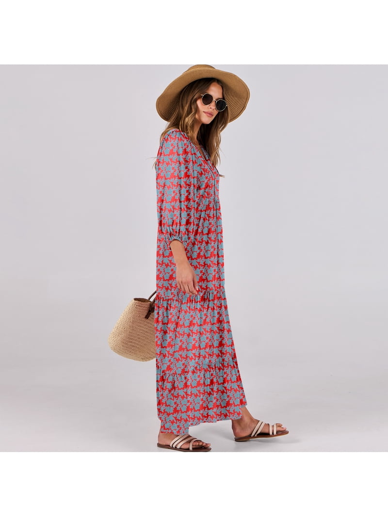 Luniro Boho Maxi Dresses for Women Floral Flowy Loose Fit 3/4 Sleeve Fall  Summer Wedding Guest Dress - Walmart.com