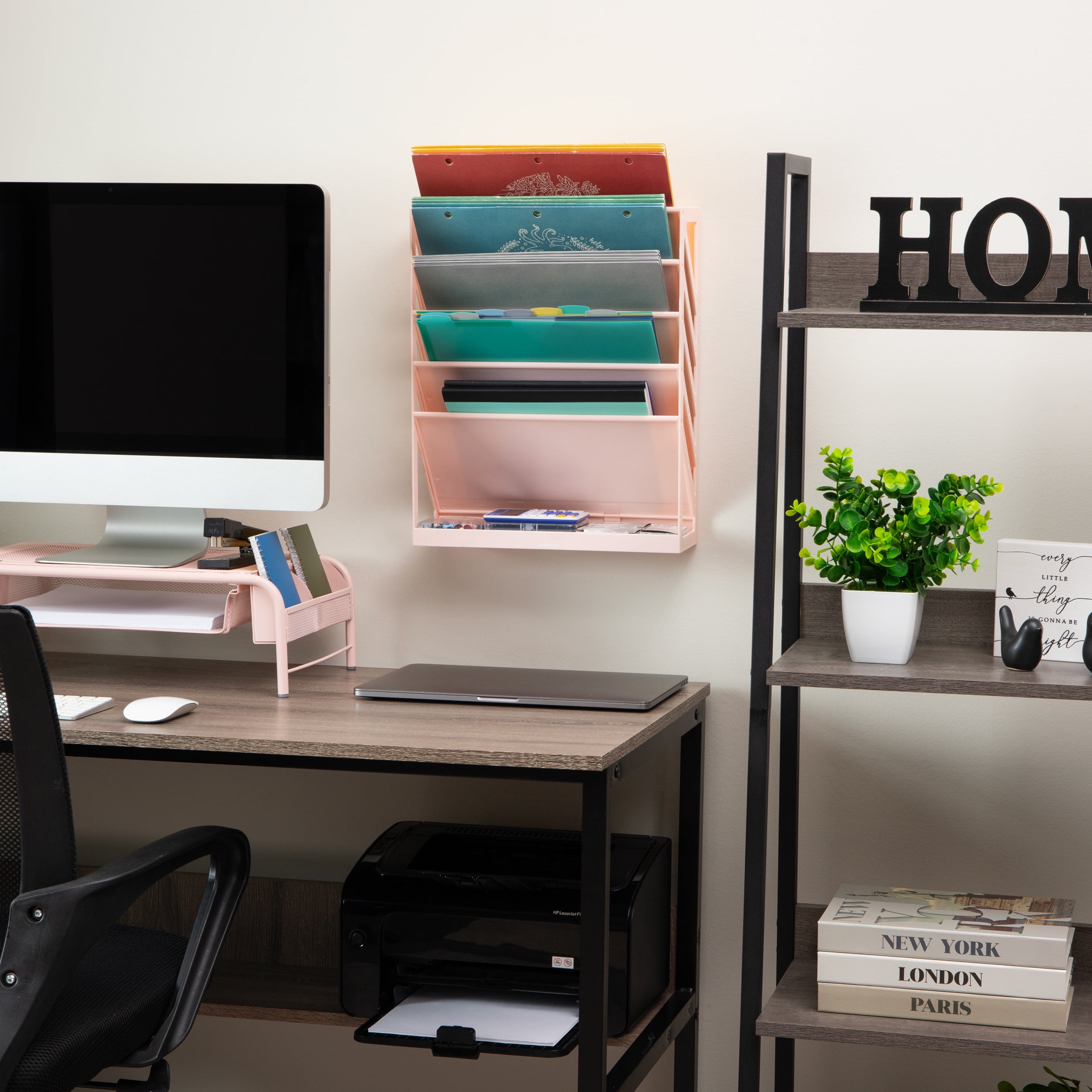 Mind Reader 5-Tier Vertical File Storage, Desktop Organizer, Wall Mount, Office, Plastic, 13"L x 4.25"W x 16"H, Pink