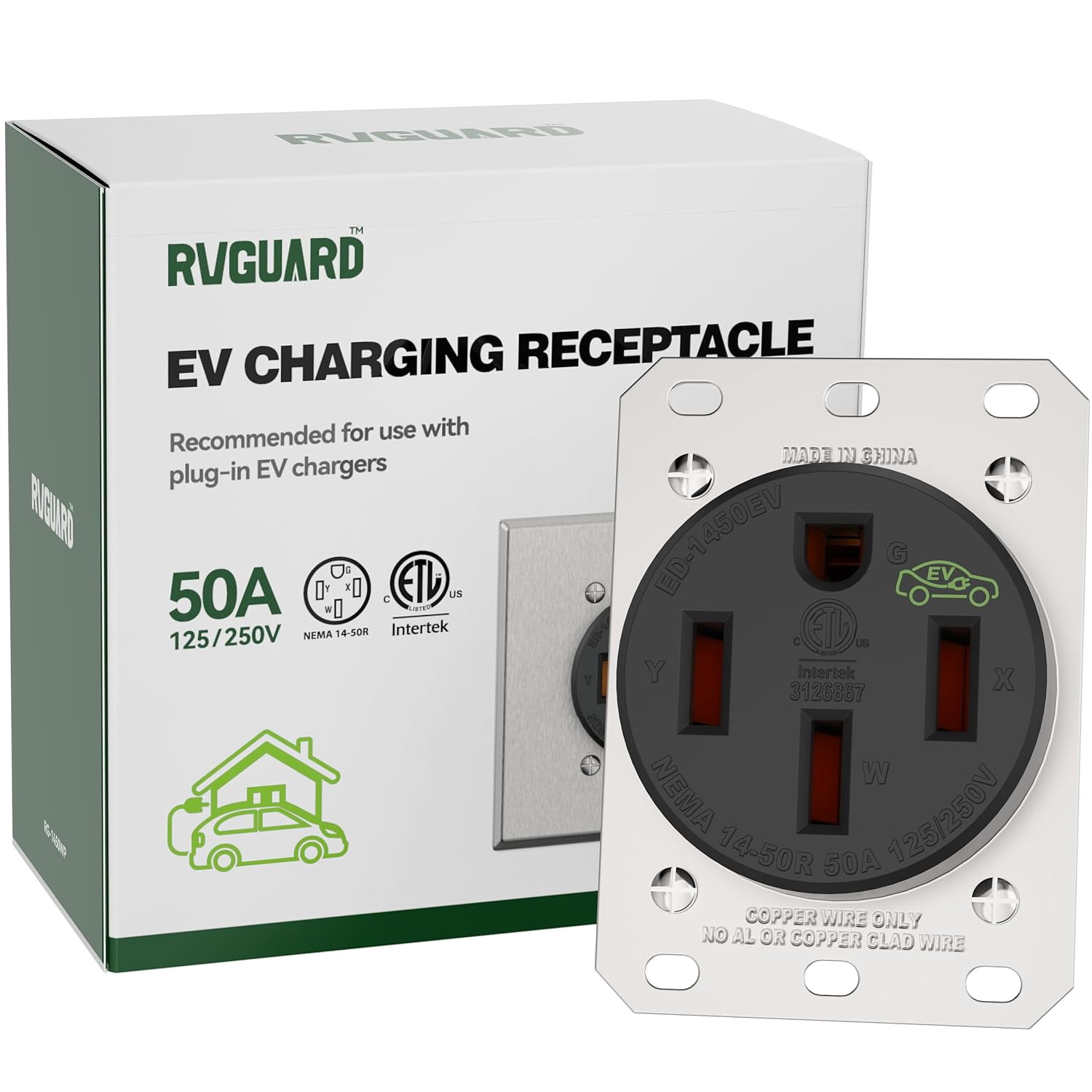 RVGUARD 50 Amp EV Charging Receptacle, NEMA 14-50R EV Power Outlet, 125/250 Volts, Ideal for Electric Vehicles, RVs, and Large Appliance, ETL Listed.