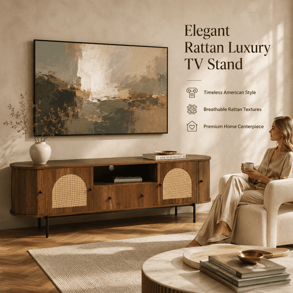Rattan TV Stand with Arched Doors and Hidden Storage, Walnut
