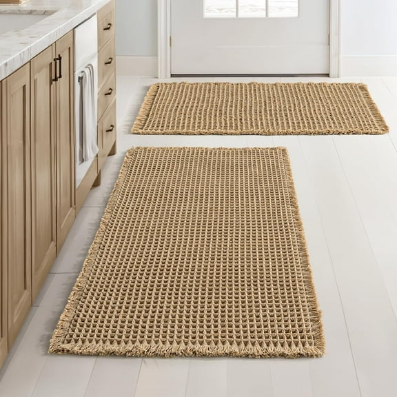 LSFA 2-Piece Set Ultra Soft Waffle Bath Rugs, Non-Slip Washable, Rubber Backing Shower Mat Set, Boho Brown.