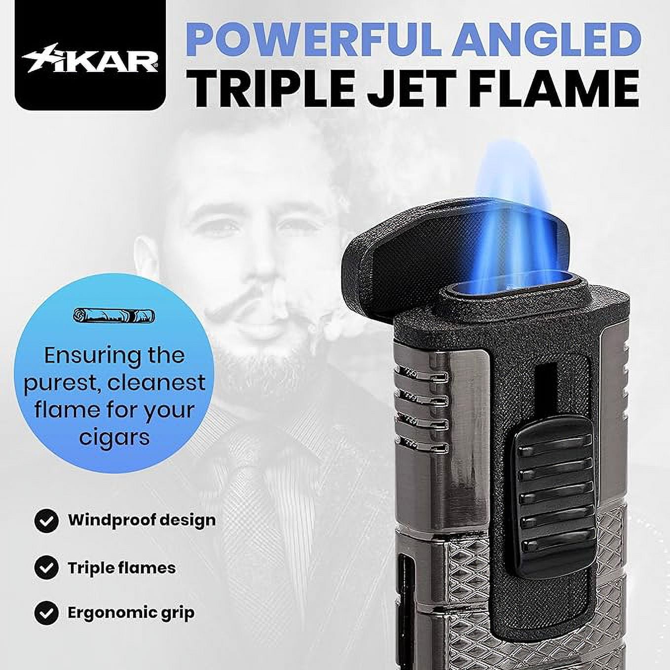 Xikar Tactical Triple Jet Flame Lighter, Ergonomic Metal Body, Gunmetal & Black
