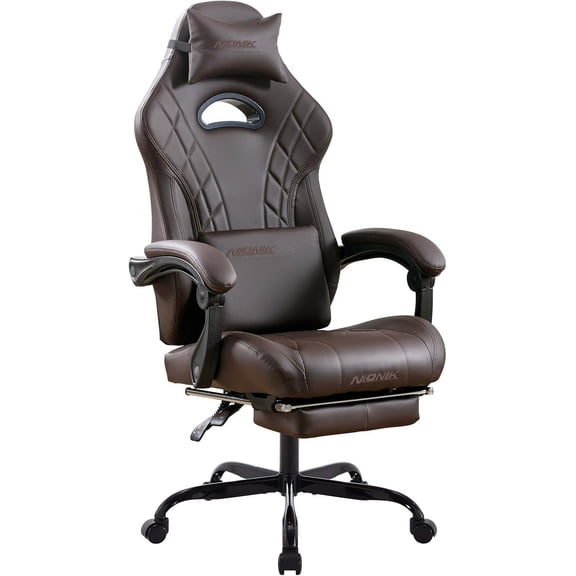 Gaming Chair with Footrest and Massage Lumbar Support, Ergonomic Computer Gamer Chair, Office Video Game Chairs with Adjustable Height and Backrest (Coffee)