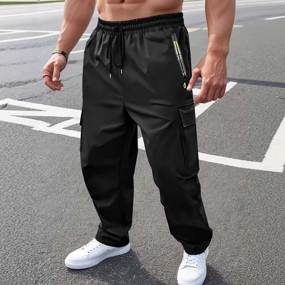 Yaoyar Men's Straight Leg Cargo Pants Solid Color Zip Pockets Elastic Waistband Relaxed Fit Work Long Trousers
