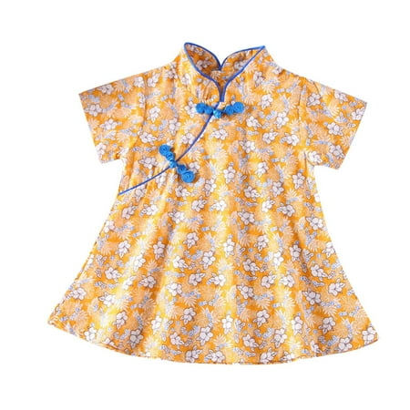 

Zlekejiko Kids Toddler Baby Girls Cartoon Print Patchwork Cheongsam Princess Dress Outfits