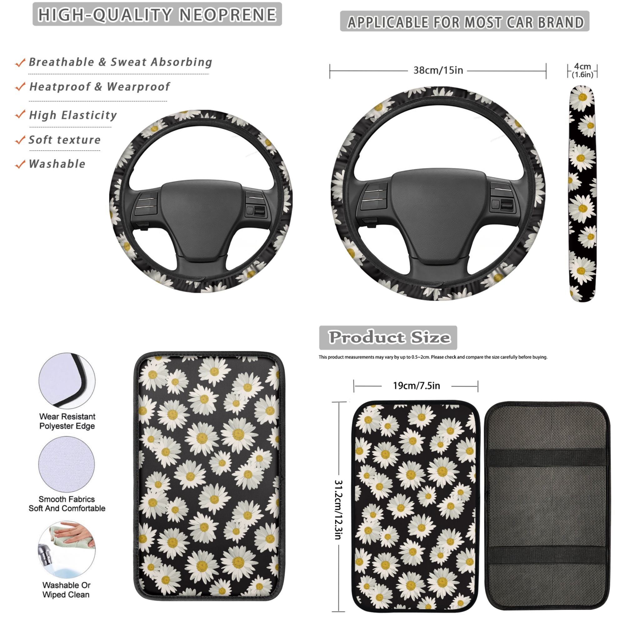 Jeiento Daisy Car Seat Cover Full Set 13 Pcs Auto Interior Accessories with Steering Wheel Cover, Seat Belt Pads, Armrest Cushion, Coasters, Keychain Gifts for Friends