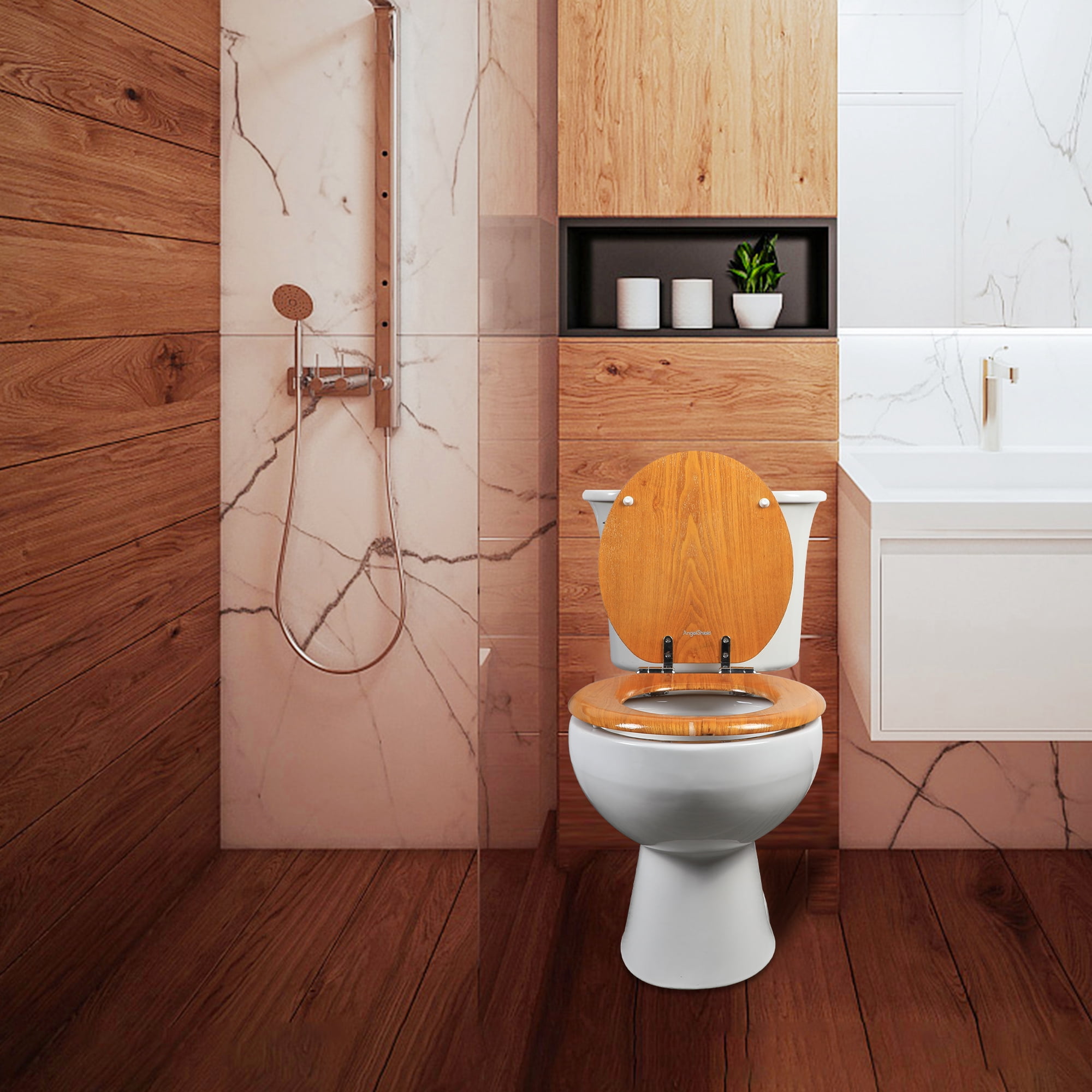 Angol Shiold Wood Round Toilet Seat, Easy Clean, Metal Hinges ( Round 16.5'', Warm Brown )
