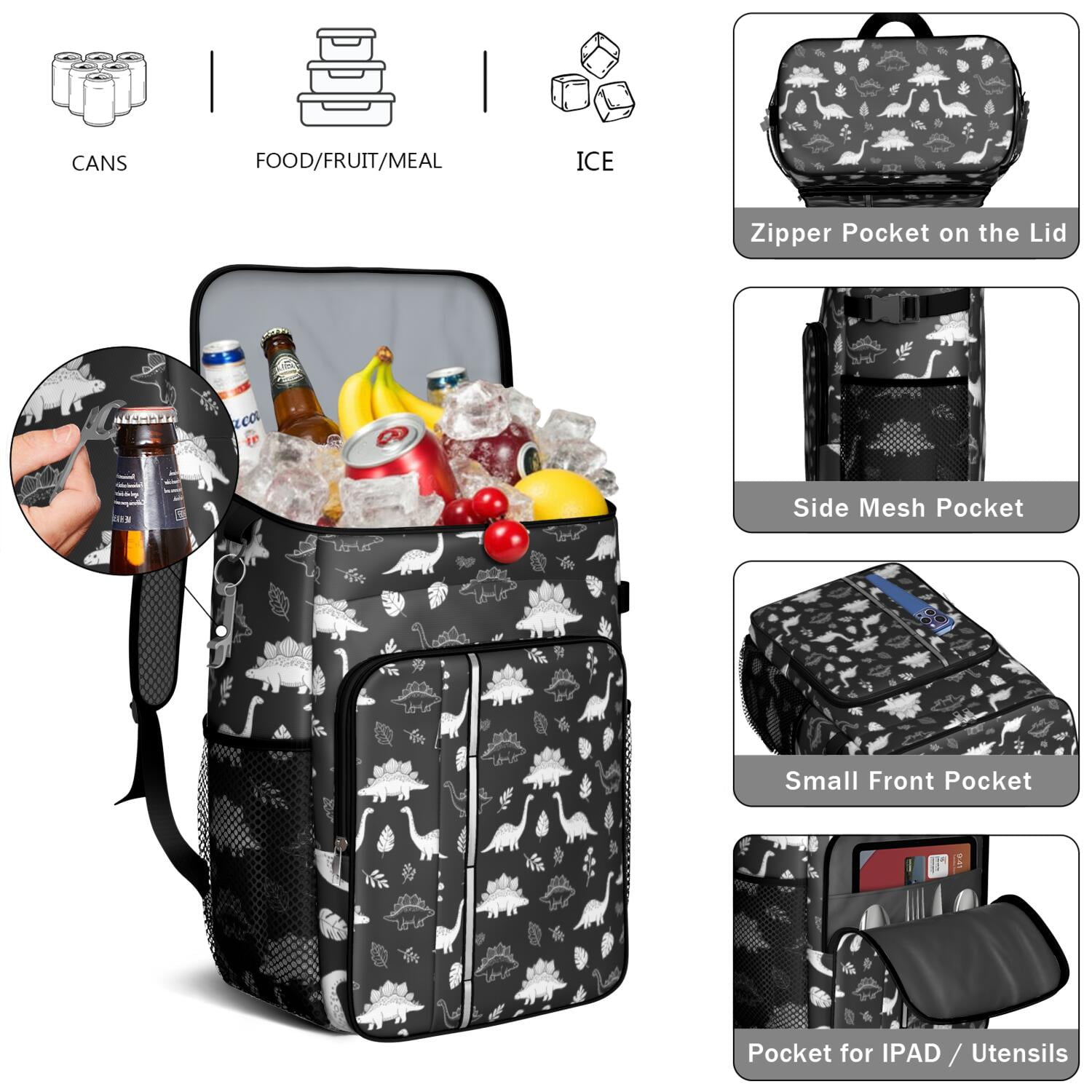 Travel Cooler Bag - Black White Dinosaur Skeletons Bold Camping Beer Cooler Backpack with Bottle Opener- Waterproof Insulated Picnic Backpacks - Cooler Bag for Beach