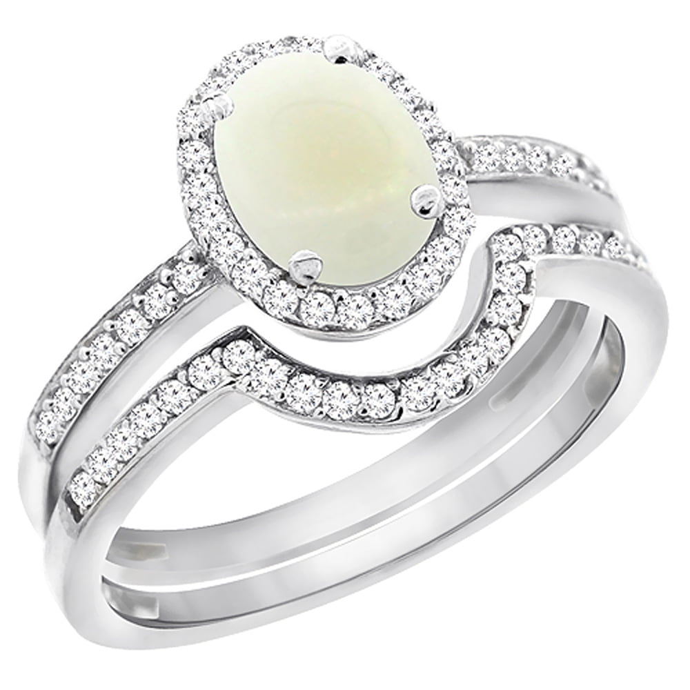 14K White Gold Diamond Natural Opal 2-Pc. Engagement Ring Set Oval 8x6 mm, size 5 by Gabriella Gold