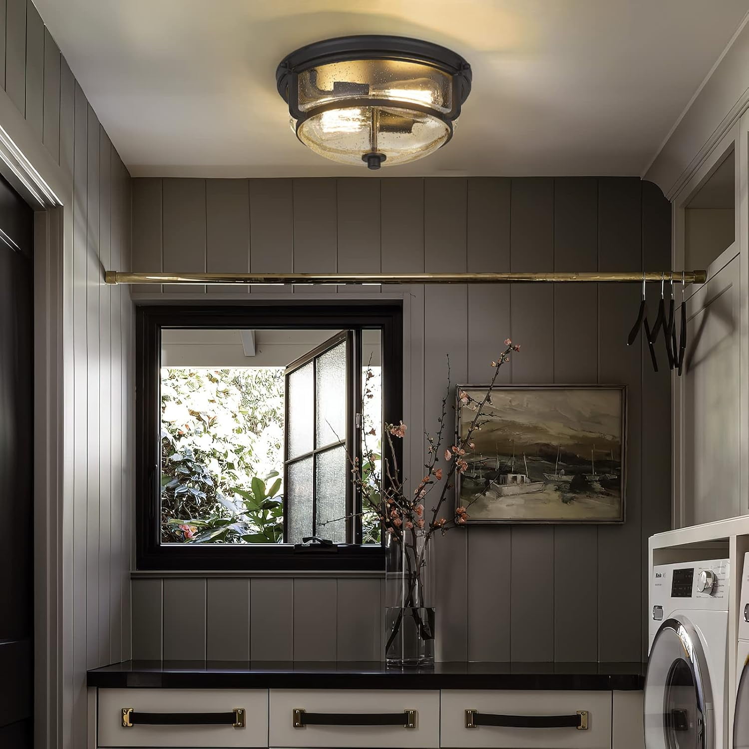 Emliviar Modern 12" Ceiling Light, Flush Mount Ceiling Light Fixture with Seeded Glass Shade, Black Finish, WE249F BK