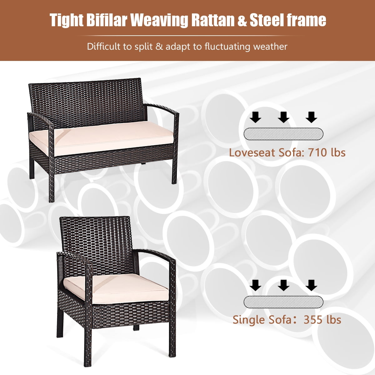 Costway 4PCS Patio Rattan Conversation Furniture Set Cushioned Seat Glass Table