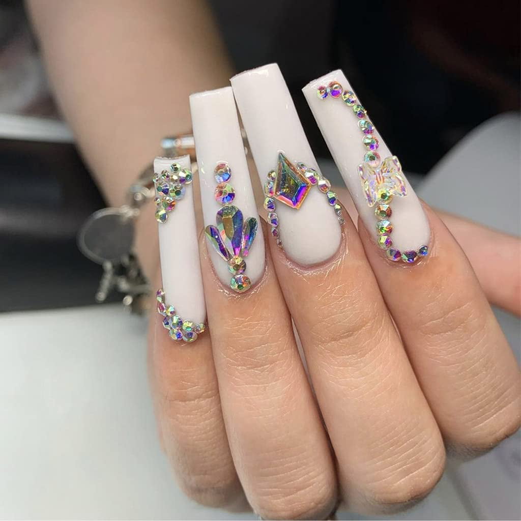 Long Press on Nails with 3D Rhinestones Luxury Fake Nails White Nails with  Crystals Coffin Acrylic Nails 