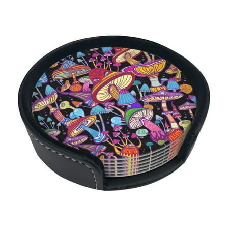 

Round Pu Leather Coaster Trippy-Mushroom-Purple--Magic-Plant Heat - Resistant Beverage Cup Mat-Fancy Decor For Kitchen Office Dining Room Table - Drink Protector 6-Slice
