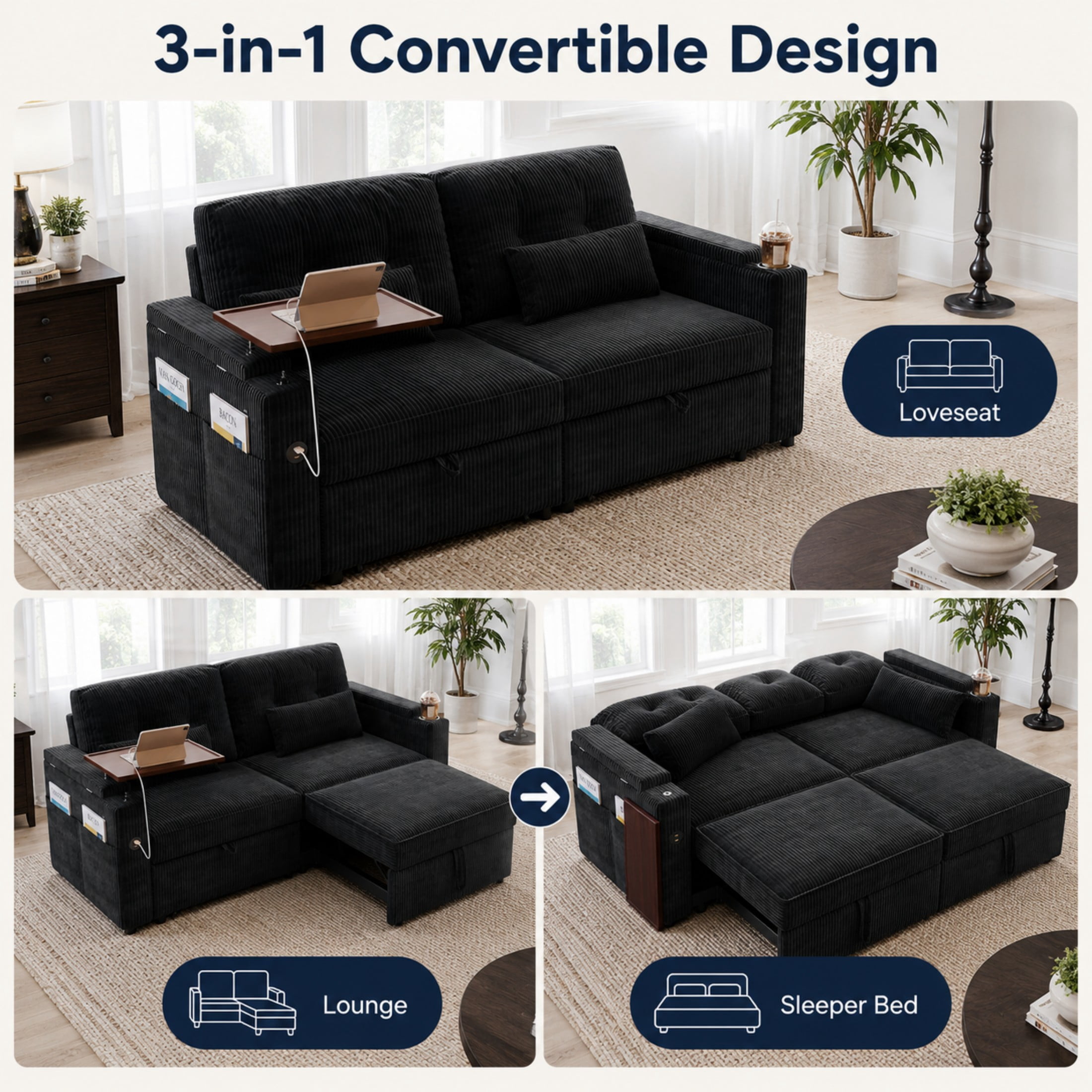 Aenkyo 73" Pull Out Sofa Bed, 3-in-1 Queen Sleeper Sofa with USB, Cup Holders and Storage, Black