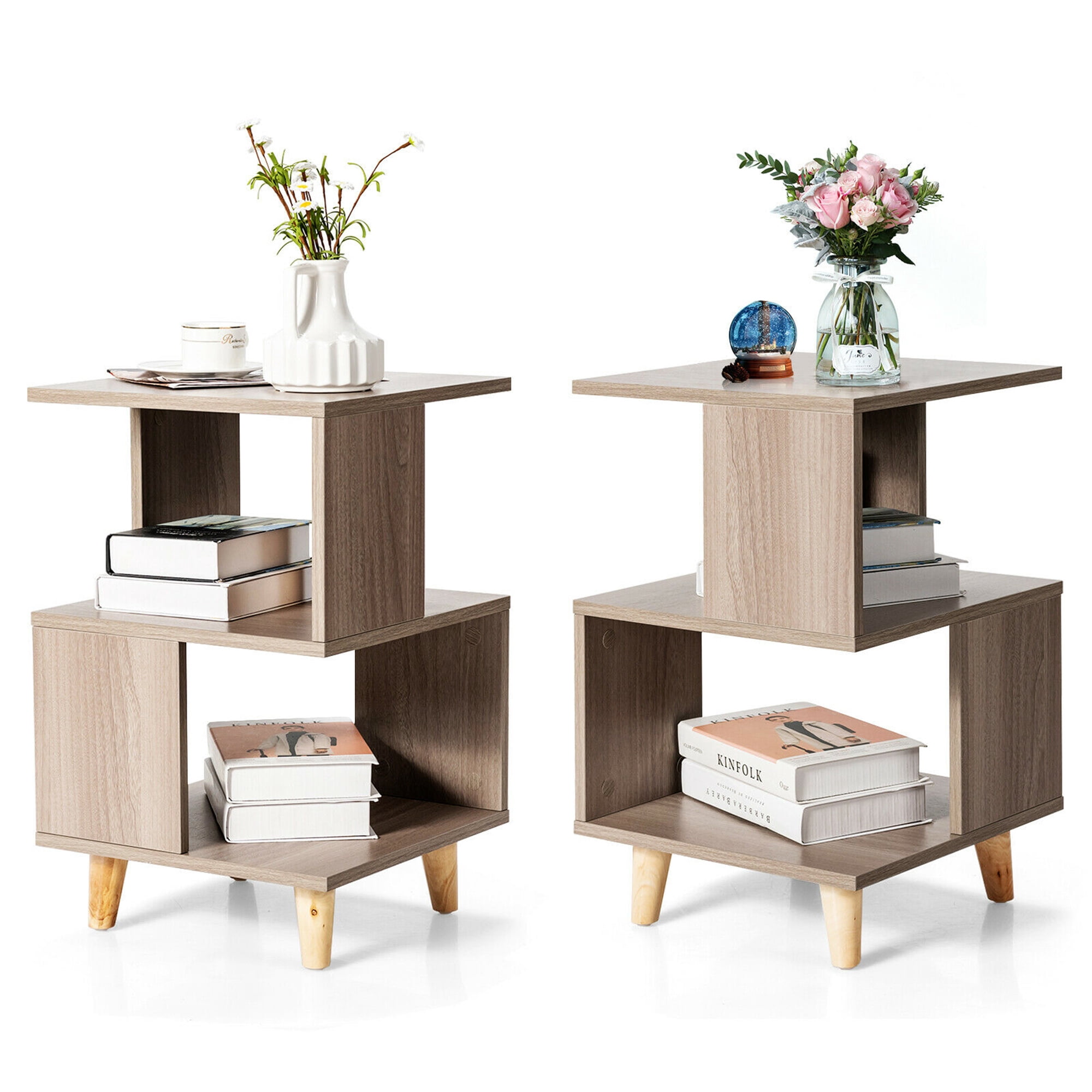 Gymax 2-Pieces Nightstand Set Wood Legs Storage Shelf Modern Side End Table Grey