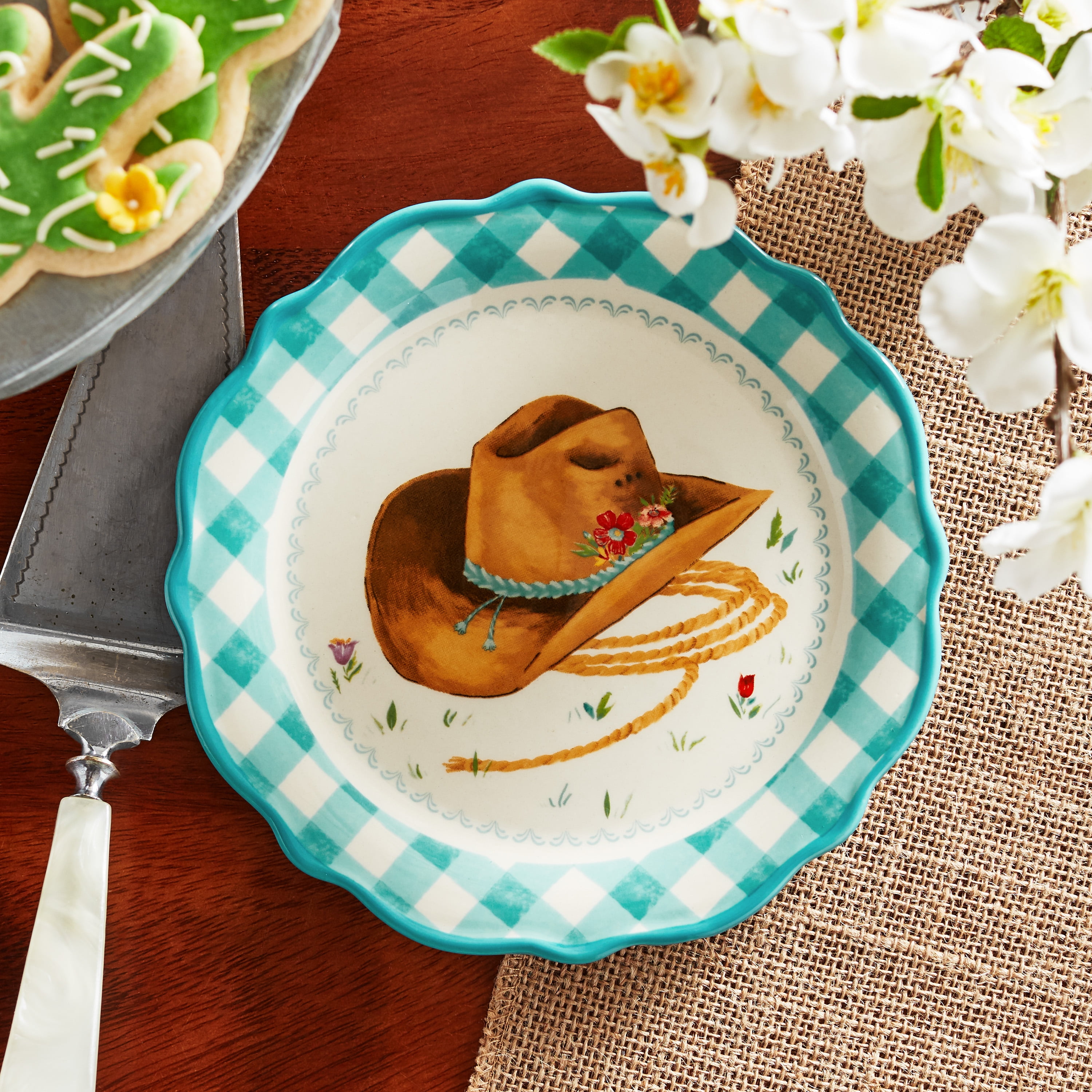 The Pioneer Woman Turquoise Gingham with Hat Decal Appetizer Plate