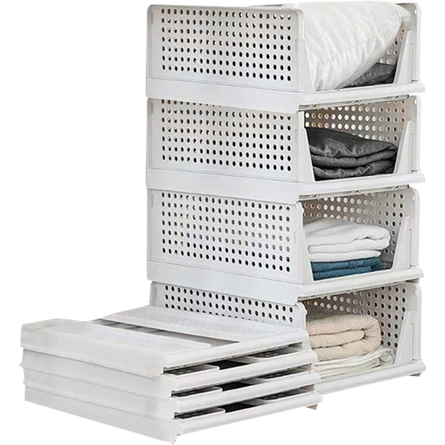 Stackable Wardrobe Storage Box Organizer, Plastic Wardrobe Shelves Closet Organiser Box, Pull Out Like a Drawer, Suitable,Foldable Plastic Baskets Bin for Home, Kitchen,Bedroom (White-3L)